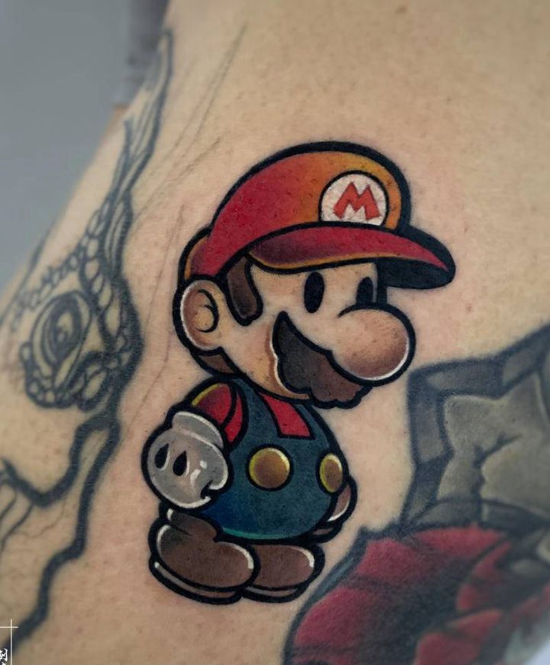 超级玛丽纹身图片_腿部New School欧美写实游戏马里奥顶蘑菇纹身图案