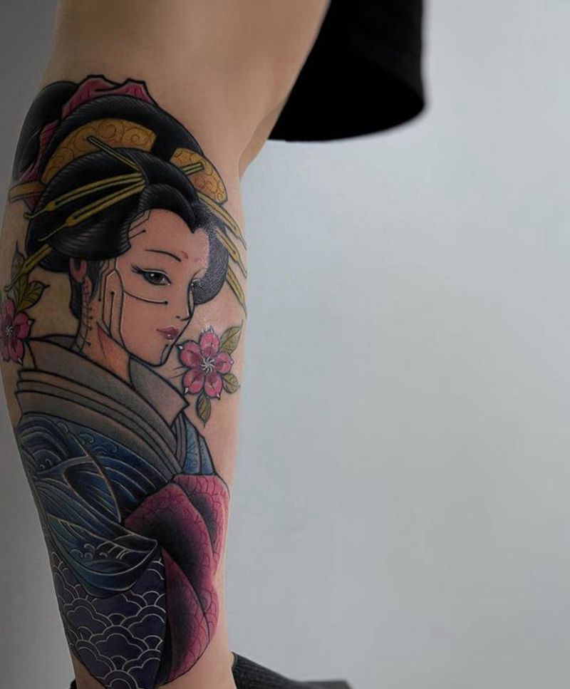 艺妓遮盖纹身图片_脚部腿部新传统New School艺妓日式遮盖纹身图案