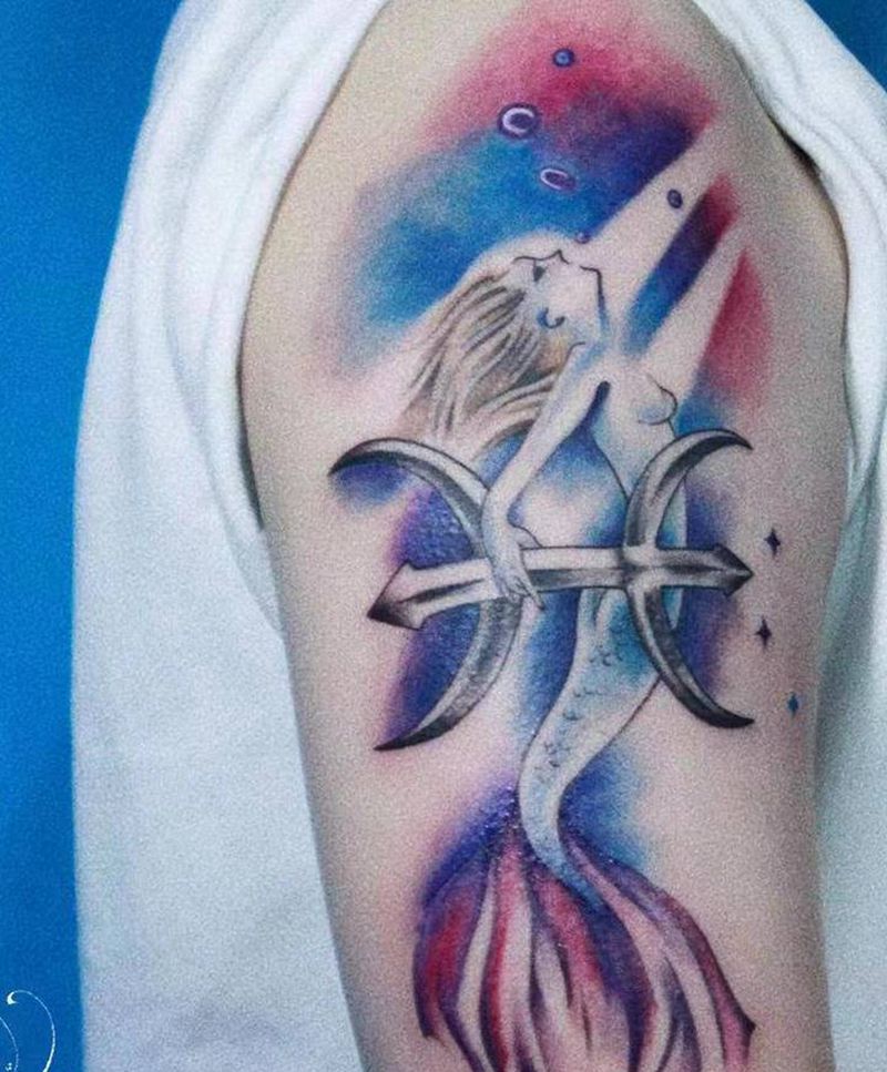 双鱼座纹身图片_手臂水彩纹身图案