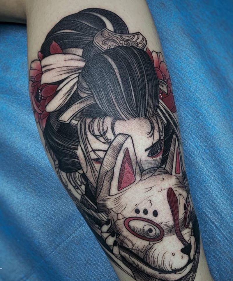 狐面艺妓纹身图片_腿部点刺Old School狐妖面具艺妓纹身图案