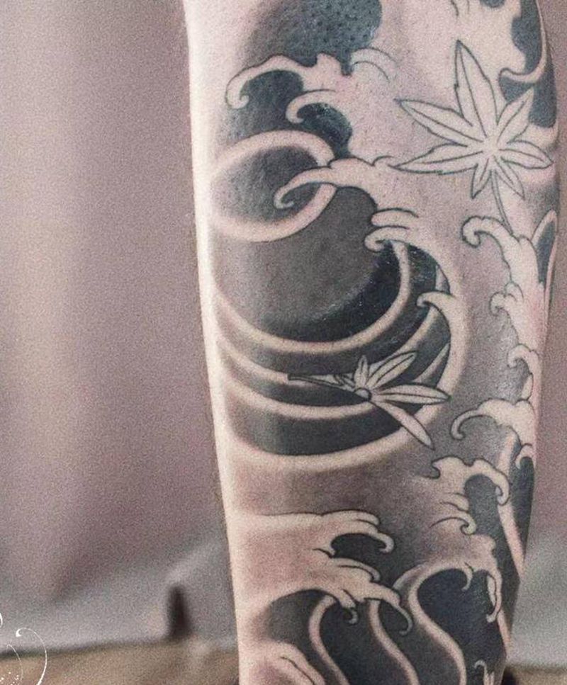 水浪小腿纹身图片_腿部老传统纹身图案