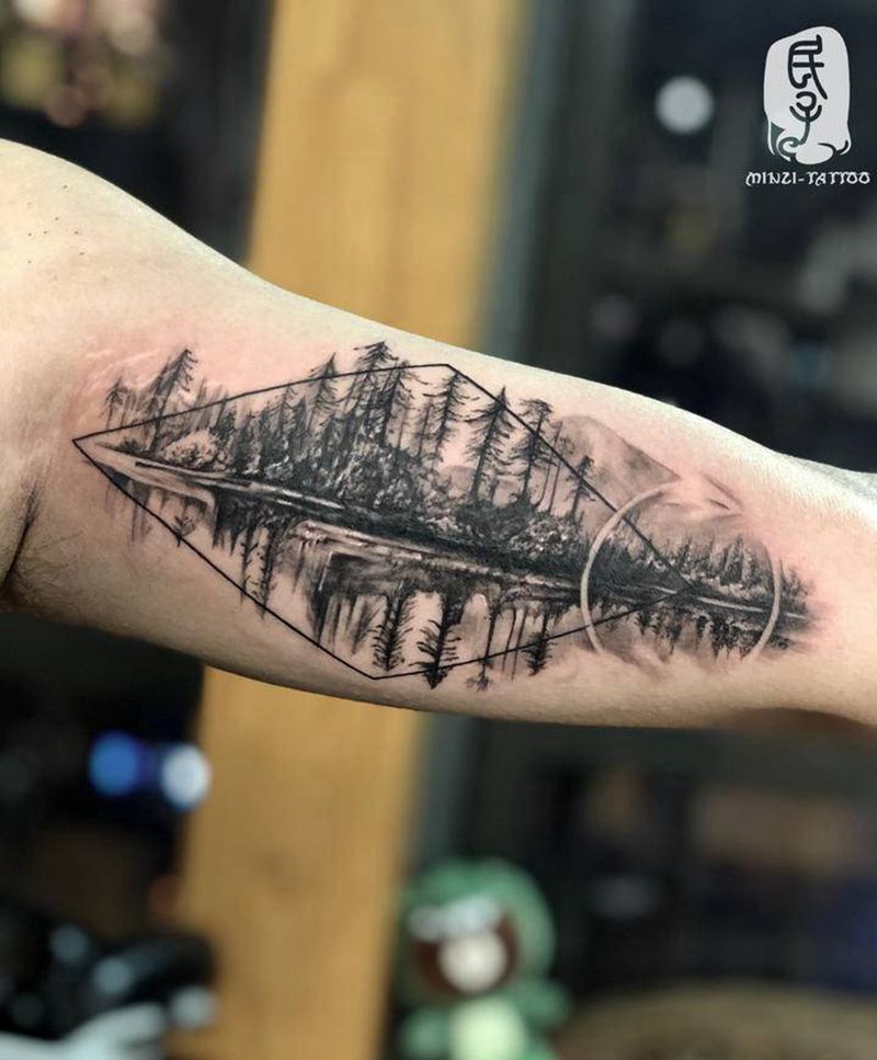 山水纹身图片_手臂欧美写实几何纹身图案