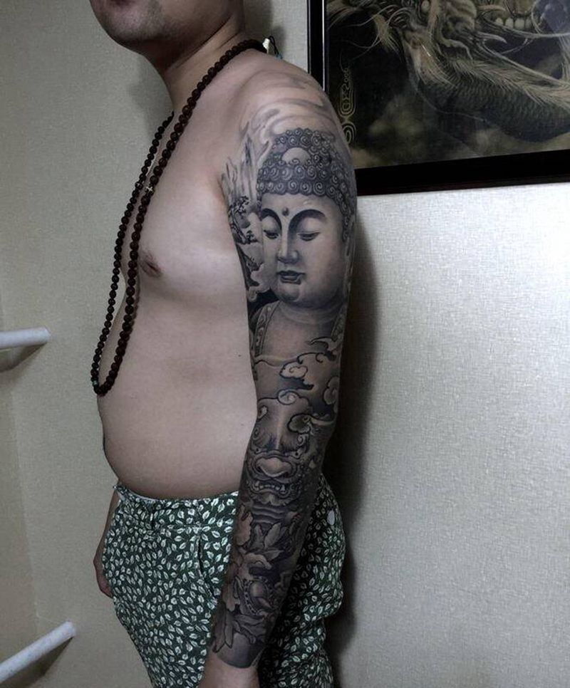 花臂佛纹身图片_成品手臂传统宗教北京纹身赐墨纹身纹身图案