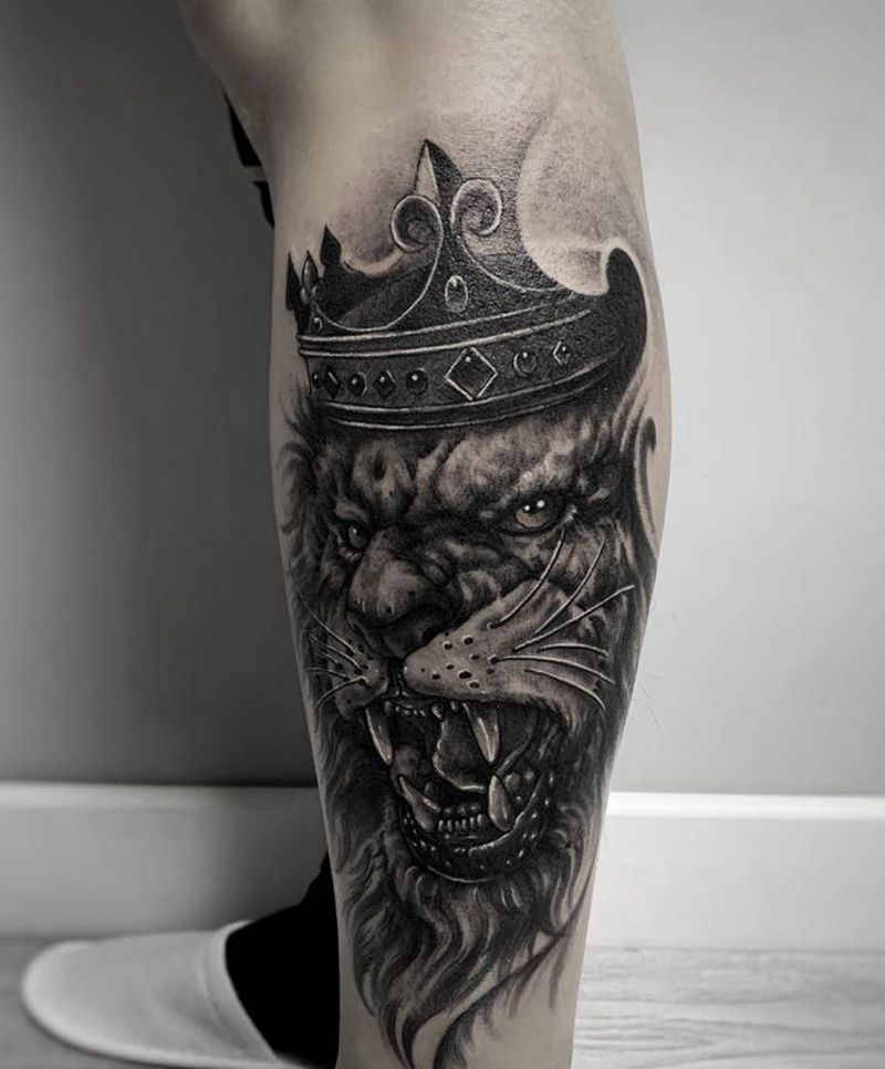 狮王纹身图片_腿部脚部欧美写实狮子纹身动物纹身欧美狮子纹身图案