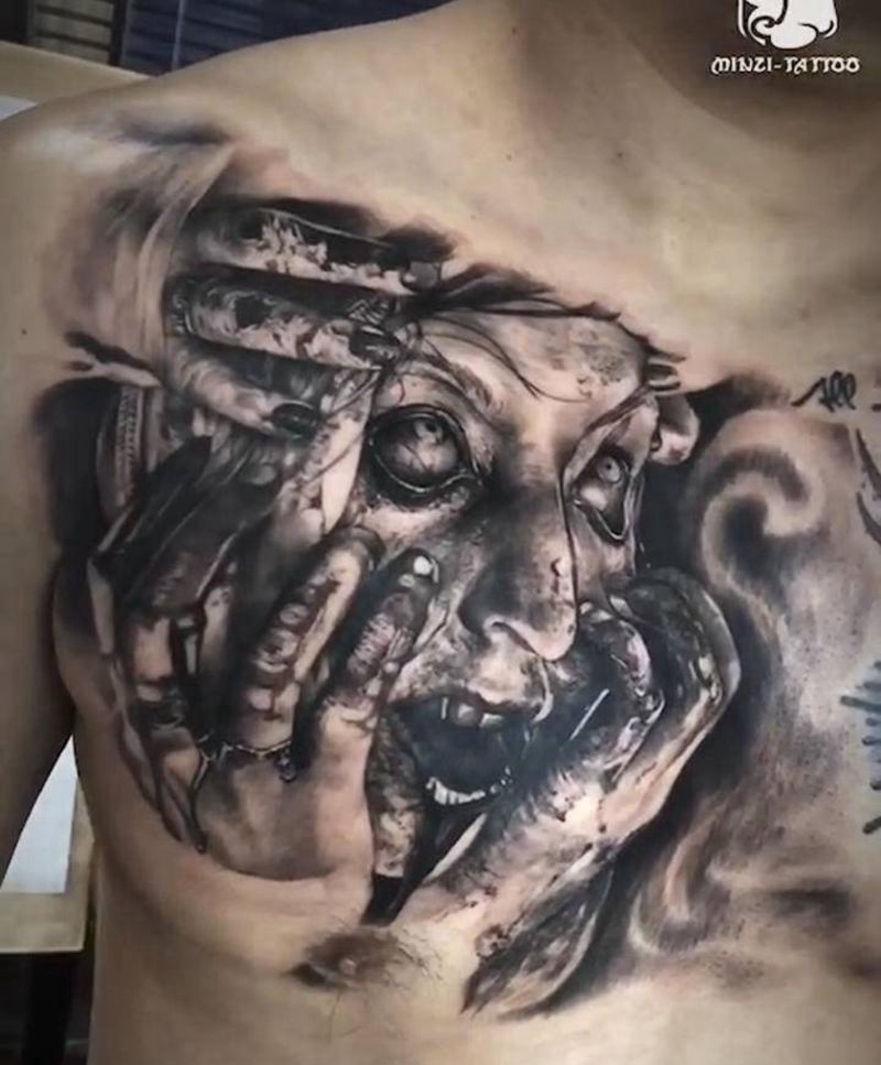 写实作品纹身图片_胸部欧美写实纹身图案