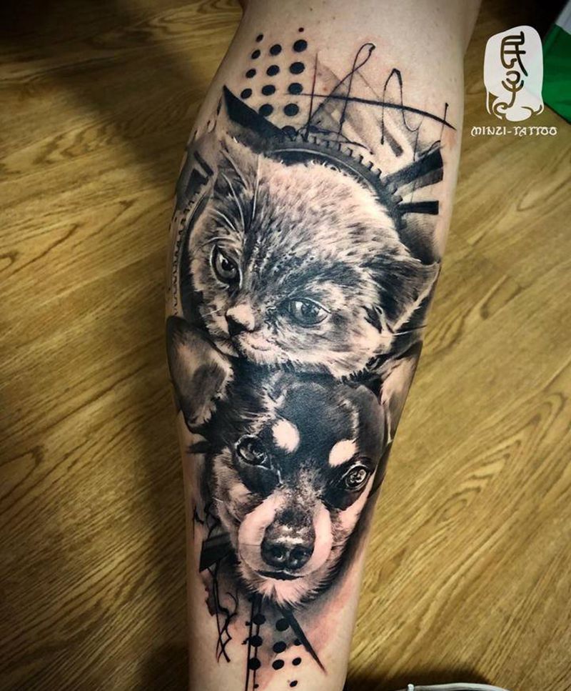 客人爱宠肖像纹身图片_腿部欧美写实纹身图案