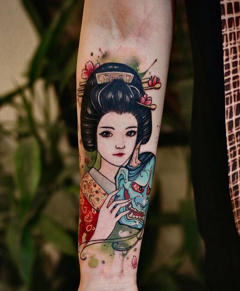 水彩艺妓纹身图片_手臂水彩水墨艺妓纹身纹身图案