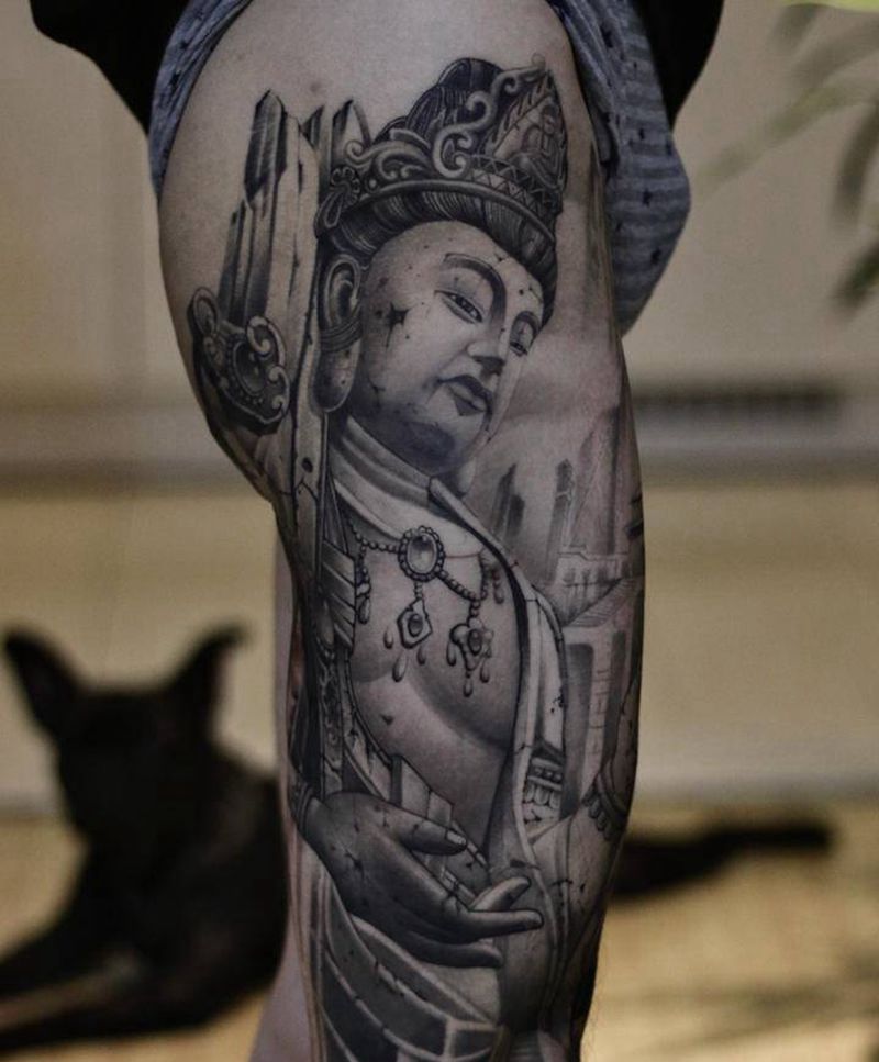 普贤菩萨纹身图片_腿部新传统赐墨纹身纹身图案