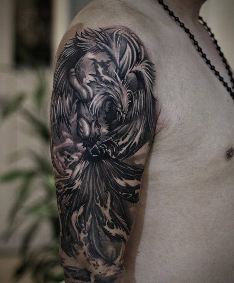 凤凰纹身图片_手臂新传统欧美写实涅槃重生纹身图案