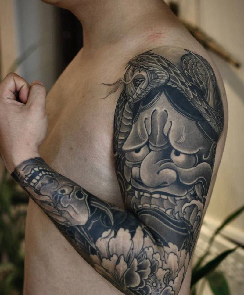 般若艺妓花臂纹身图片_手臂新传统赐墨纹身纹身图案