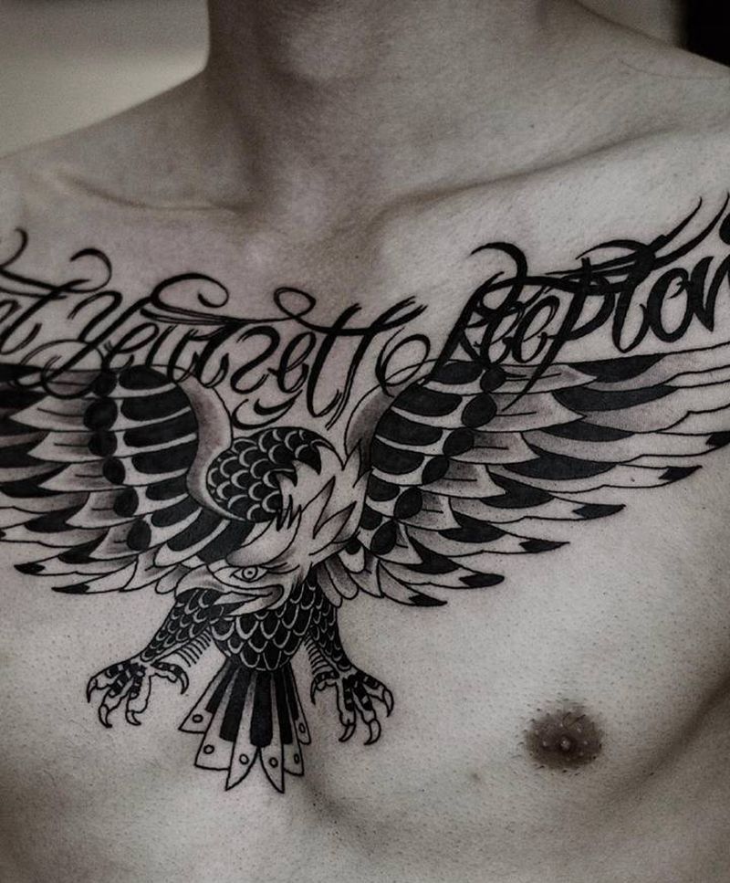 花胸纹身图片_胸部花体字新传统纹身图案