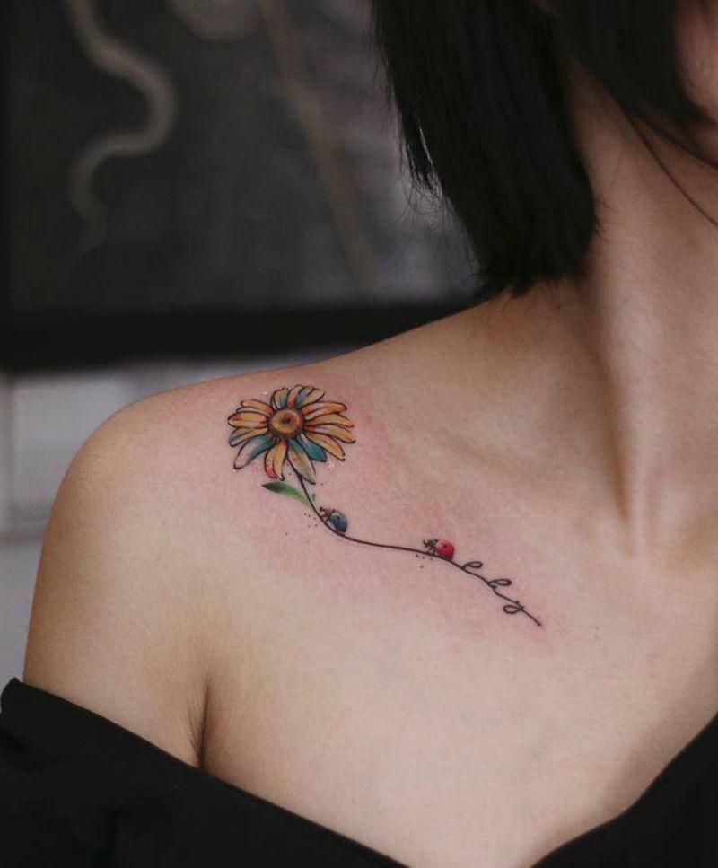 小雏菊纹身纹身图片_肩部水彩纹身图案