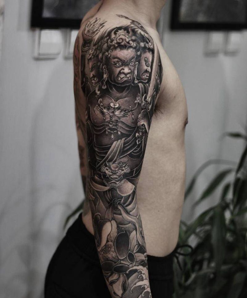 阿修罗花臂纹身图片_手臂新传统花臂纹身纹身图案