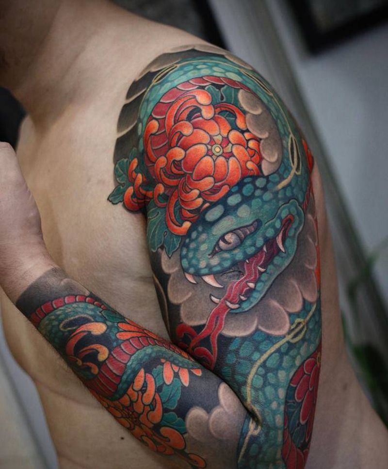 花臂蛇纹身图片_新传统老传统花臂纹身纹身图案