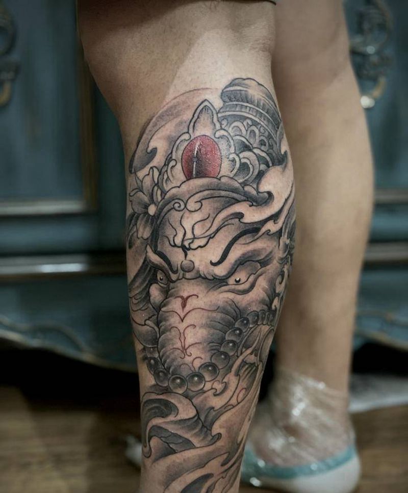 象神纹身图片_腿部新传统纹身图案