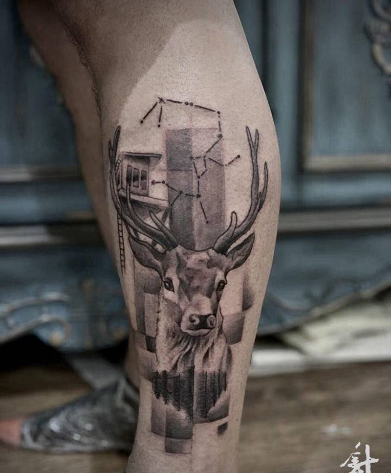 麋鹿纹身图片_腿部纹身图案