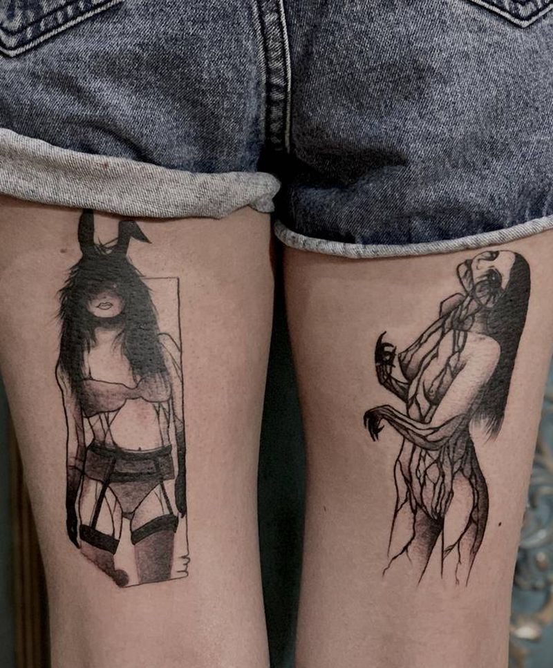 妞子纹身图片_腿部纹身图案