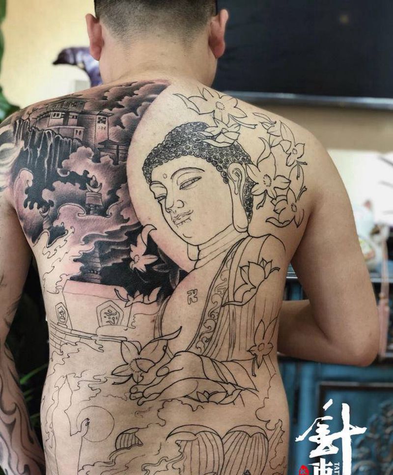 佛纹身图片_背部新传统纹身图案