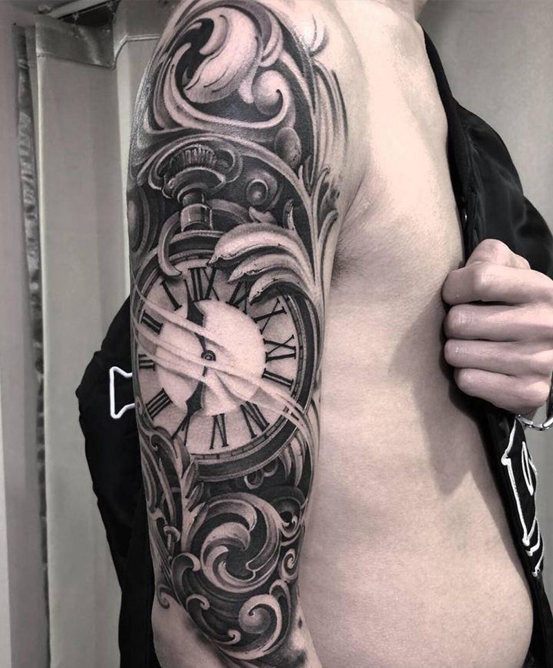 逆盘时针纹身图片_手臂欧美写实钟纹身图案