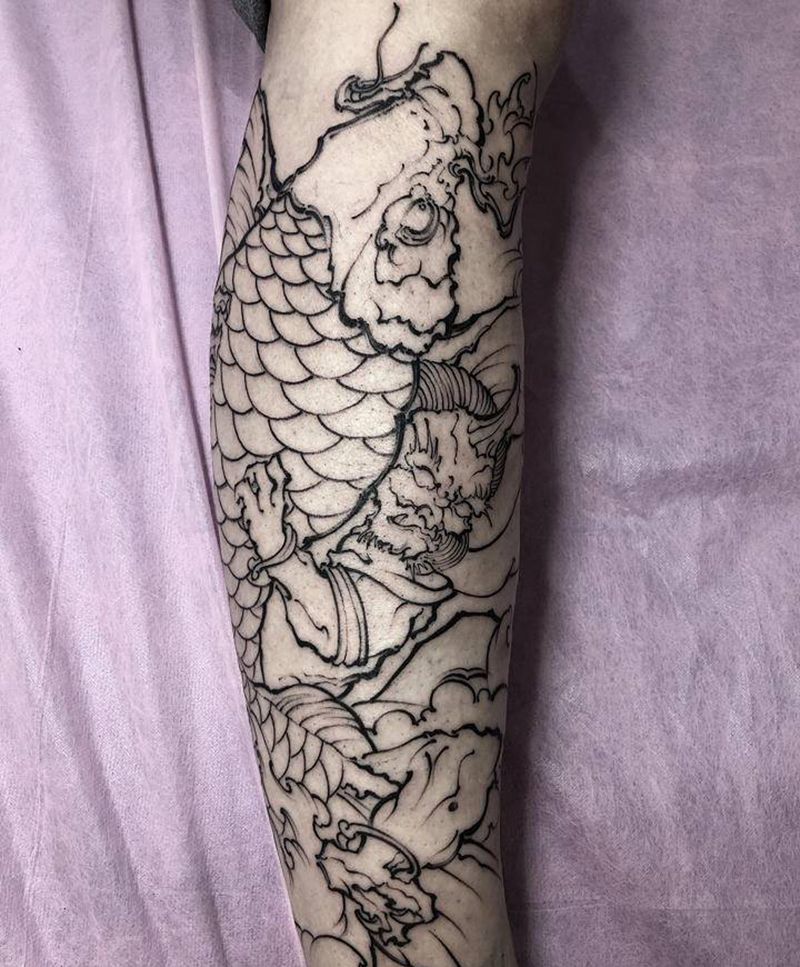 初步线条，待续纹身图片_腿部脚部新传统鱼夜叉纹身图案