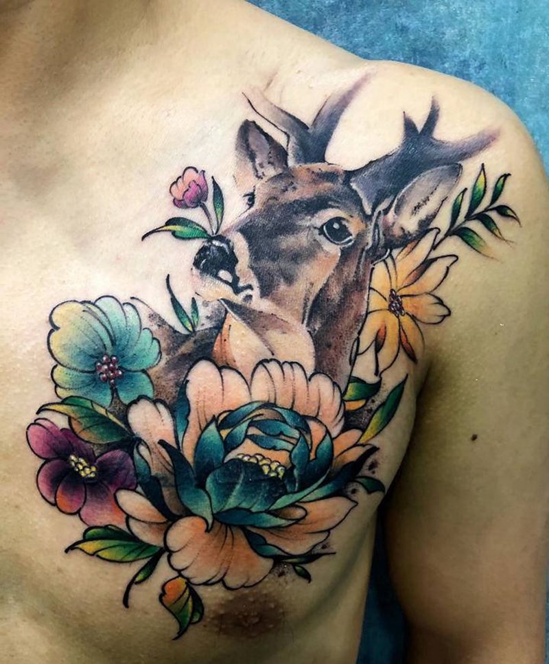 小鹿遮盖纹身图片_胸部New School鹿，动物纹身图案