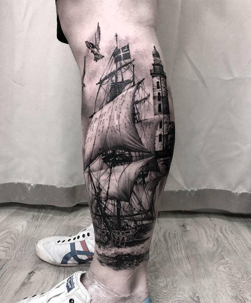 帆！纹身图片_腿部欧美写实帆船纹身图案