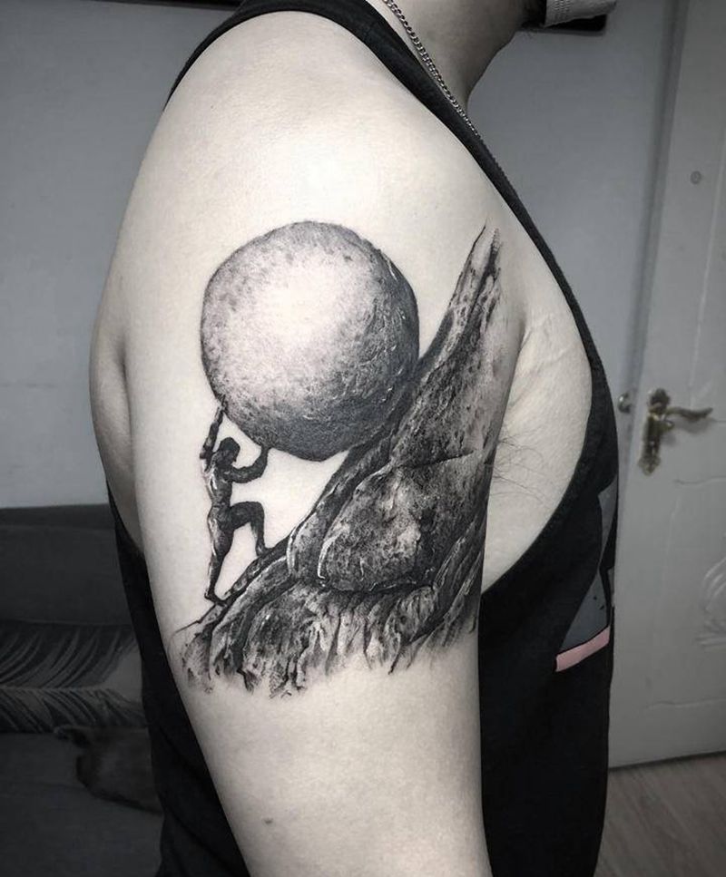 西西弗斯纹身图片_手臂欧美写实希腊人物纹身图案