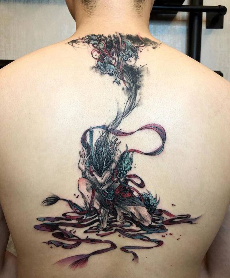 天骑入梦纹身图片_肩部背部水墨水彩洛湟笈纹身图案