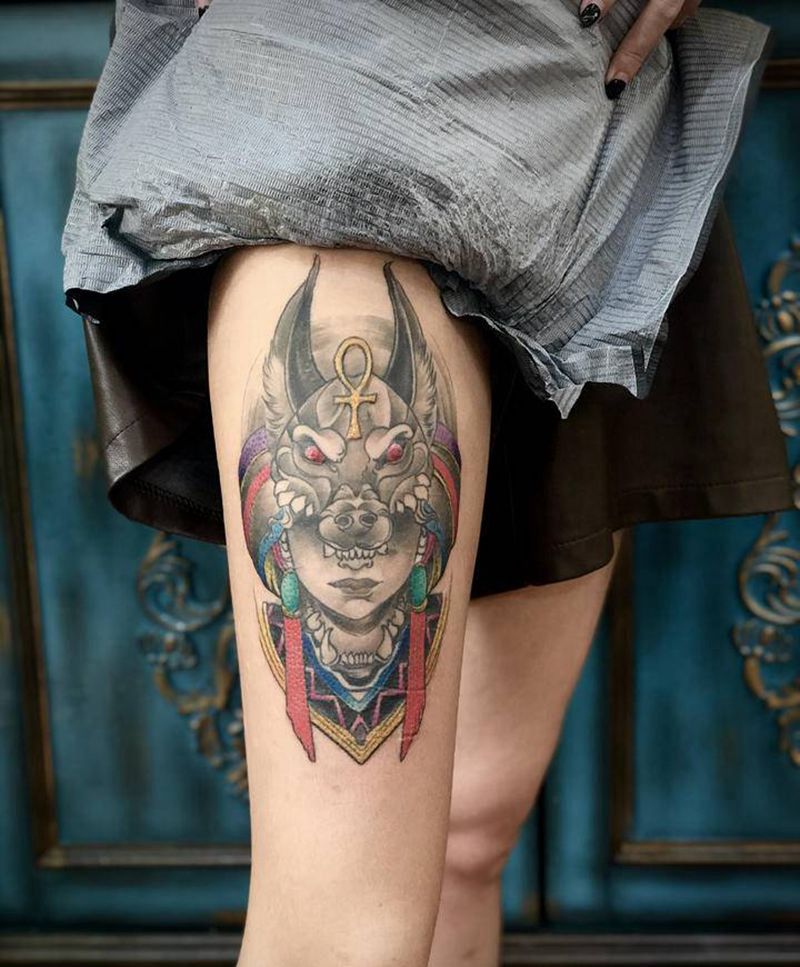 狼头美女纹身图片_腿部纹身图案