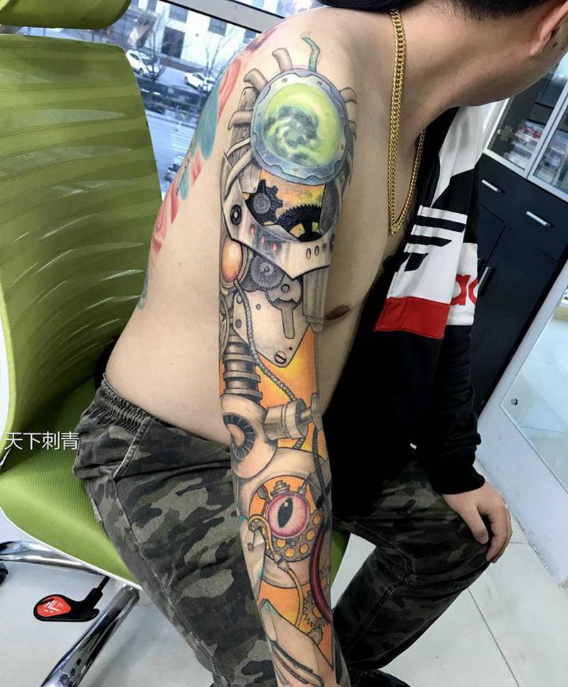 机械花臂遮盖纹身纹身图片_手臂New School机械纹身图案