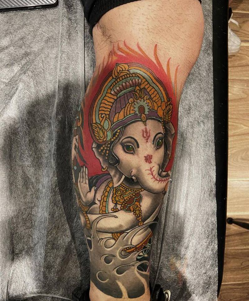 象神纹身图片_腿部老传统新传统纹身图案