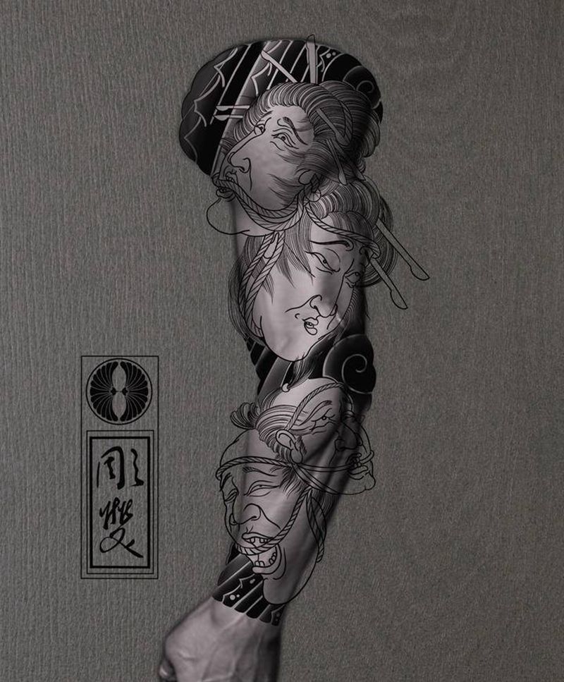 生首手稿设计纹身图片_老传统生首纹身图案