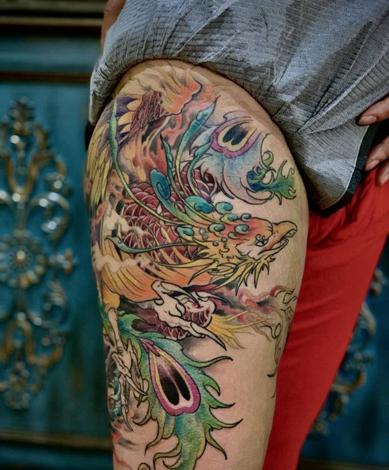 凤凰纹身图片_腿部新传统纹身图案