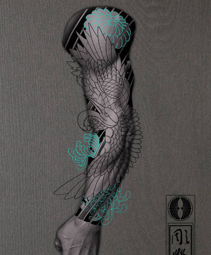 仙鹤送福纹身图片_手臂老传统鹤纹身图案