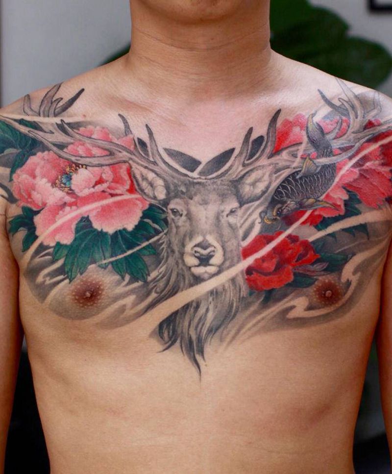 鹿牡丹纹身图片_胸部新传统鹿牡丹纹身图案