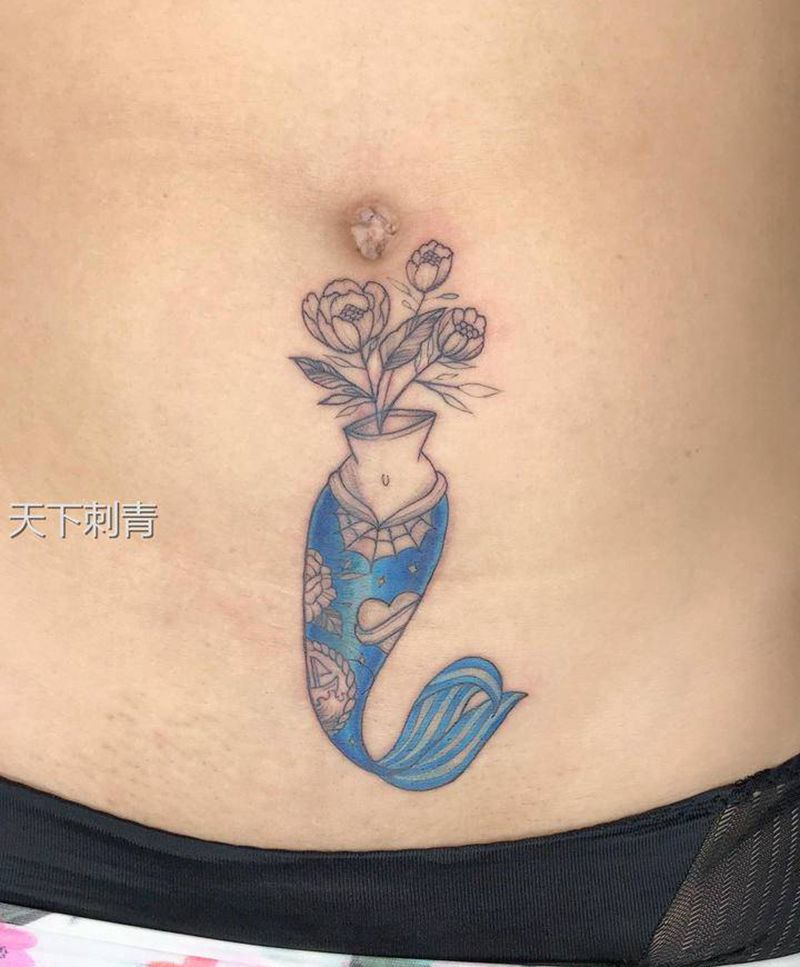 剖腹产疤痕遮盖纹身图片_腹部点刺水彩疤痕遮盖纹身图案