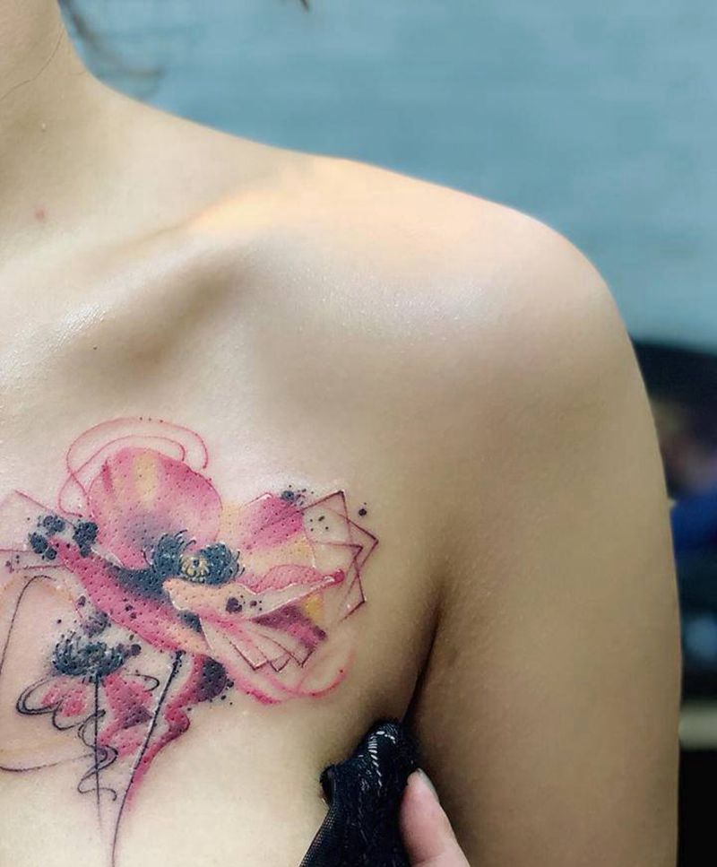 罂粟花纹身图片_胸部水彩纹身图案