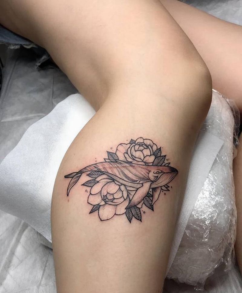 疤痕遮盖，鲸鱼纹身纹身图片_腿部点刺疤痕遮盖鲸鱼纹身纹身图案