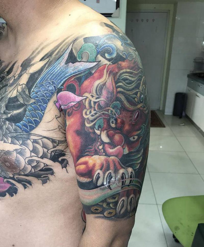 貔貅遮盖纹身纹身图片_手臂肩部新传统水彩遮盖纹身貔貅纹身纹身图案