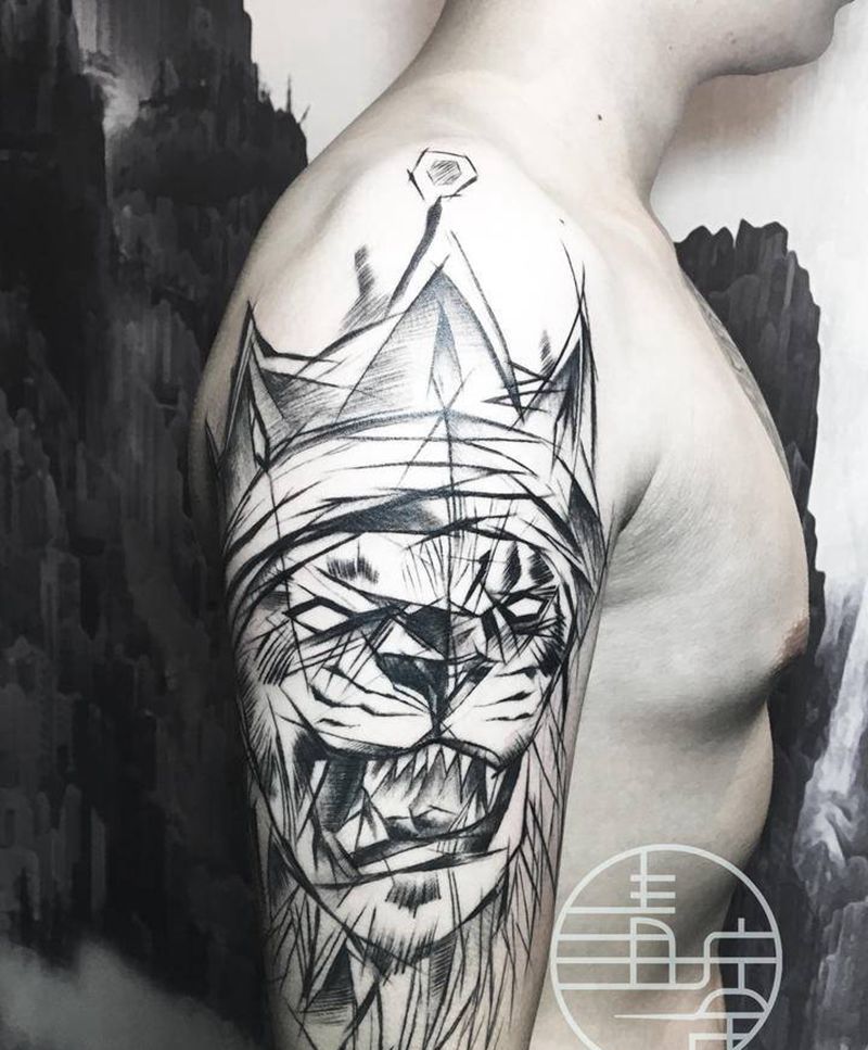 线条狮子纹身图片_手臂点刺纹身图案