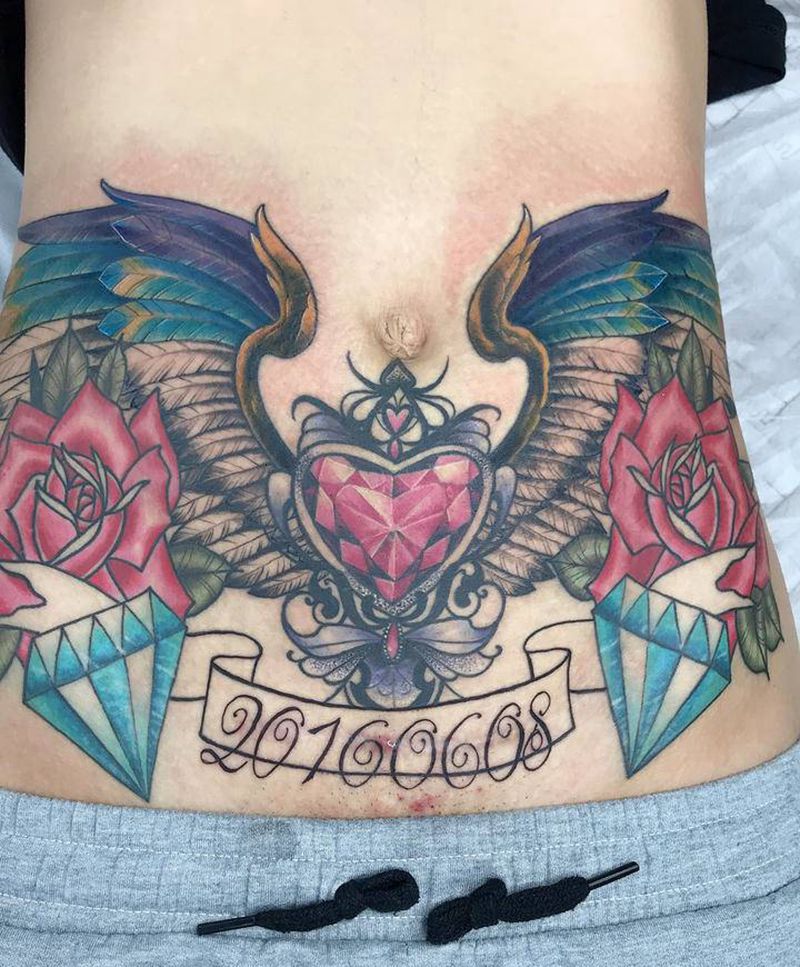 妊娠纹遮盖纹身图片_腹部New School妊娠纹遮盖剖腹产遮盖疤痕遮盖纹身图案