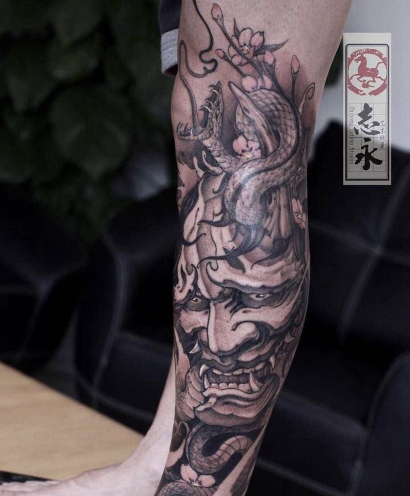 般若纹身图片_腿部新传统般若纹身图案