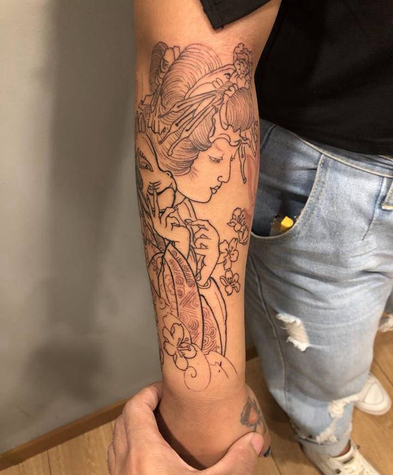 包小臂艺妓纹身图片_手臂新传统纹身图案