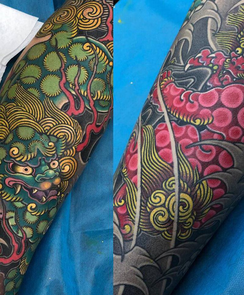 小腿唐狮纹身图片_腿部老传统新传统纹身图案