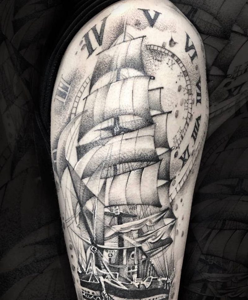 大帆船纹身图片_手臂点刺纹身图案