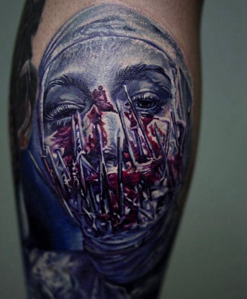 恐惧写实纹身图片_腿部手臂欧美写实人物彩色纹身图案