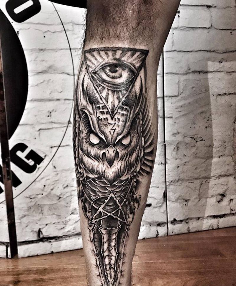 上帝之眼 猫头鹰纹身图片_腿部新传统点刺纹身图案