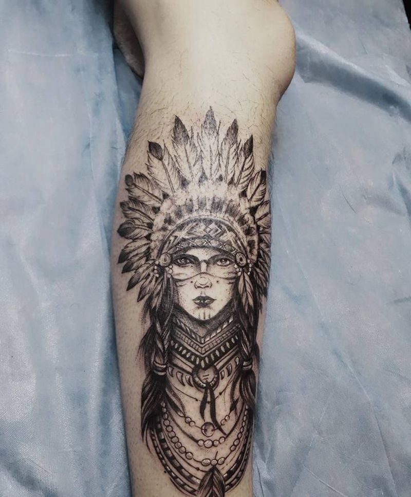 印第安人纹身图片_腿部创意素描纹身图案