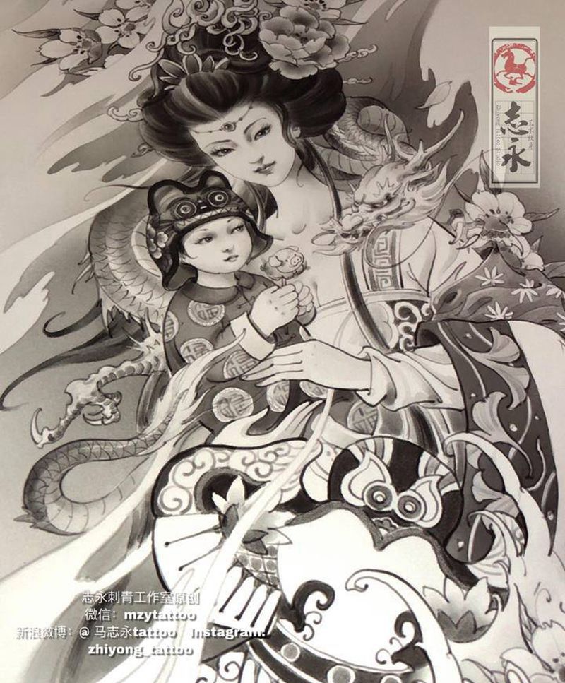 原创设计亲子纹身纹身图片_手臂新传统汉服新传统纹身图案