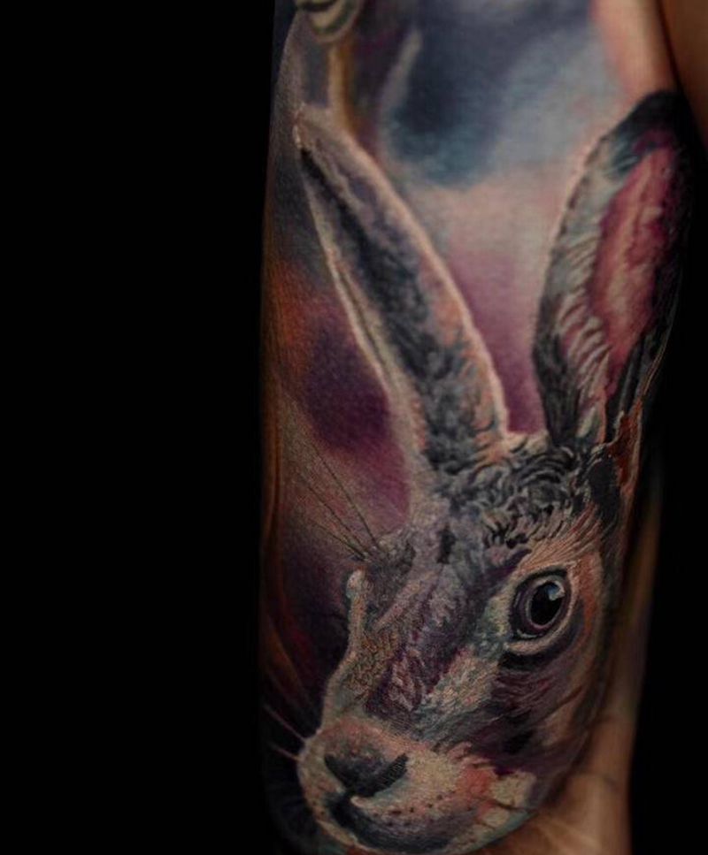 兔纹身图片_手臂欧美写实兔纹身图案